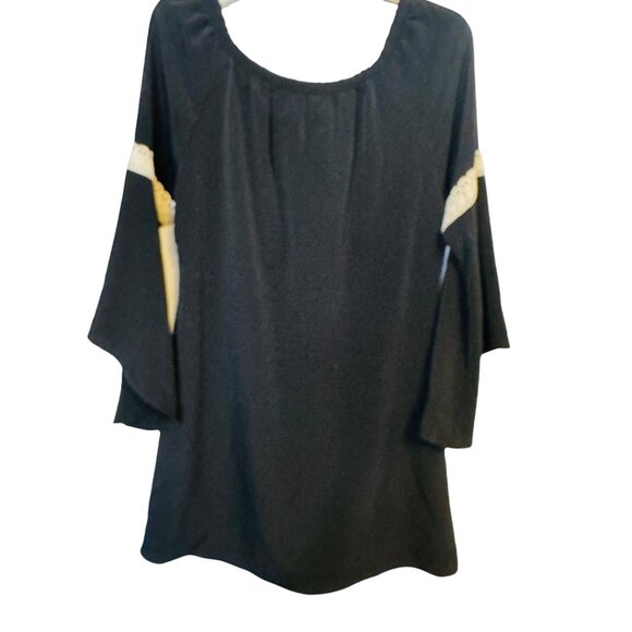 2/$30 VaVa Medium Boho Black & Ivory Tunic Mini Dress Lace Trim Bell Sleeves - Picture 12 of 16